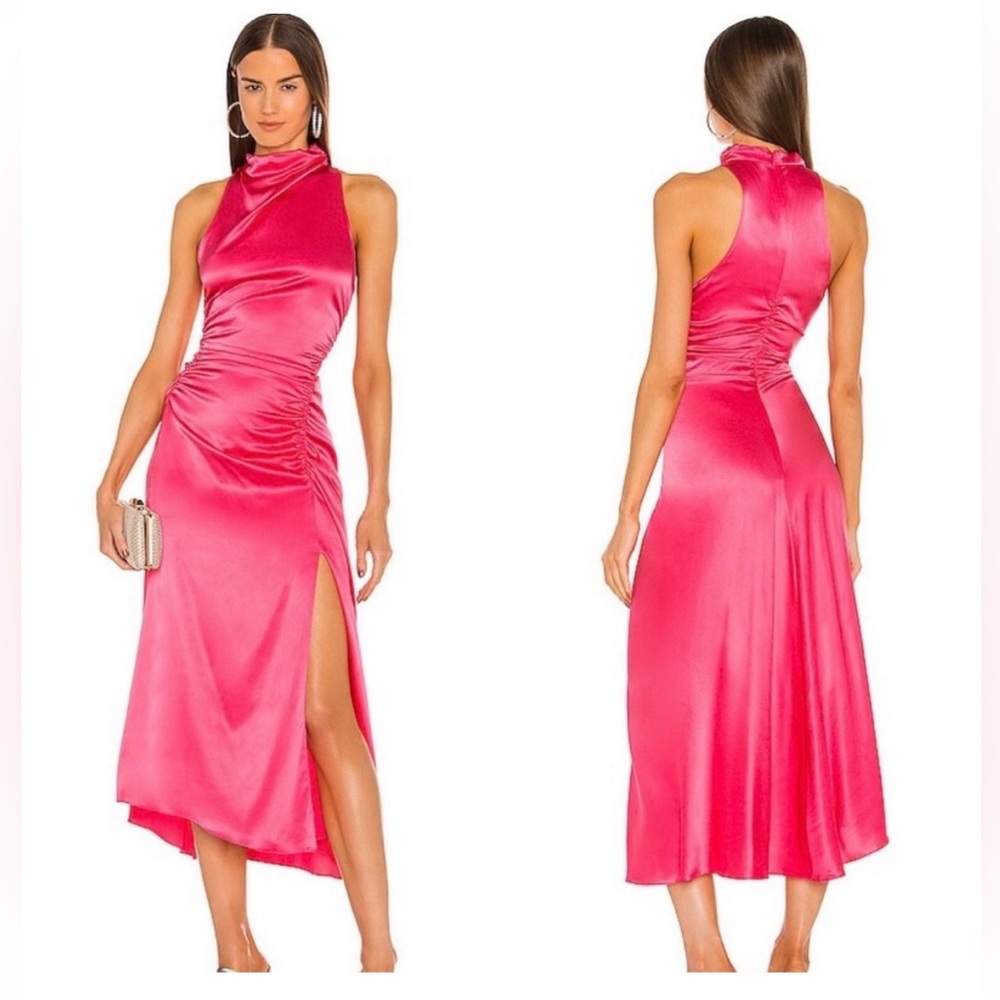 A.L.C. INEZ SILK FUNNEL NECK SIDE RUCHING FITTED MIDI DRESS GUAVA SIZE 4 NWT